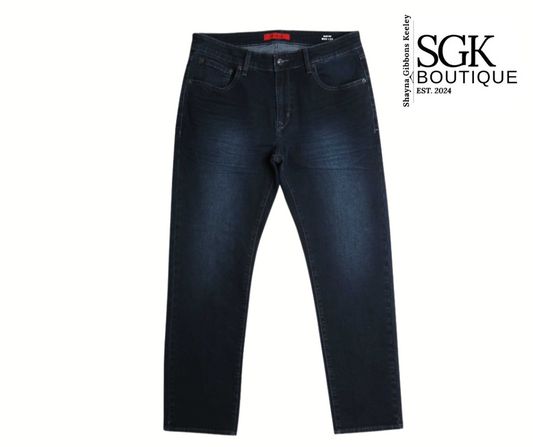 Dark blue jeans on a white background with SGK Boutique logo.