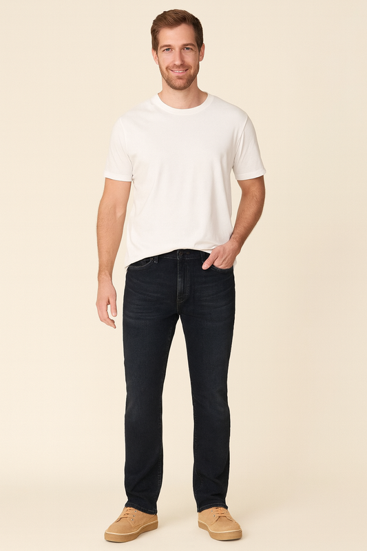 Man wearing a white t-shirt and black jeans on a beige background