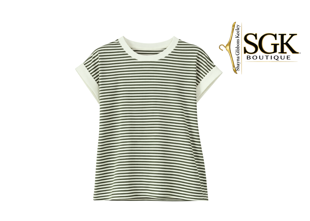 Striped t-shirt with 'SGK Boutique' logo on a white background