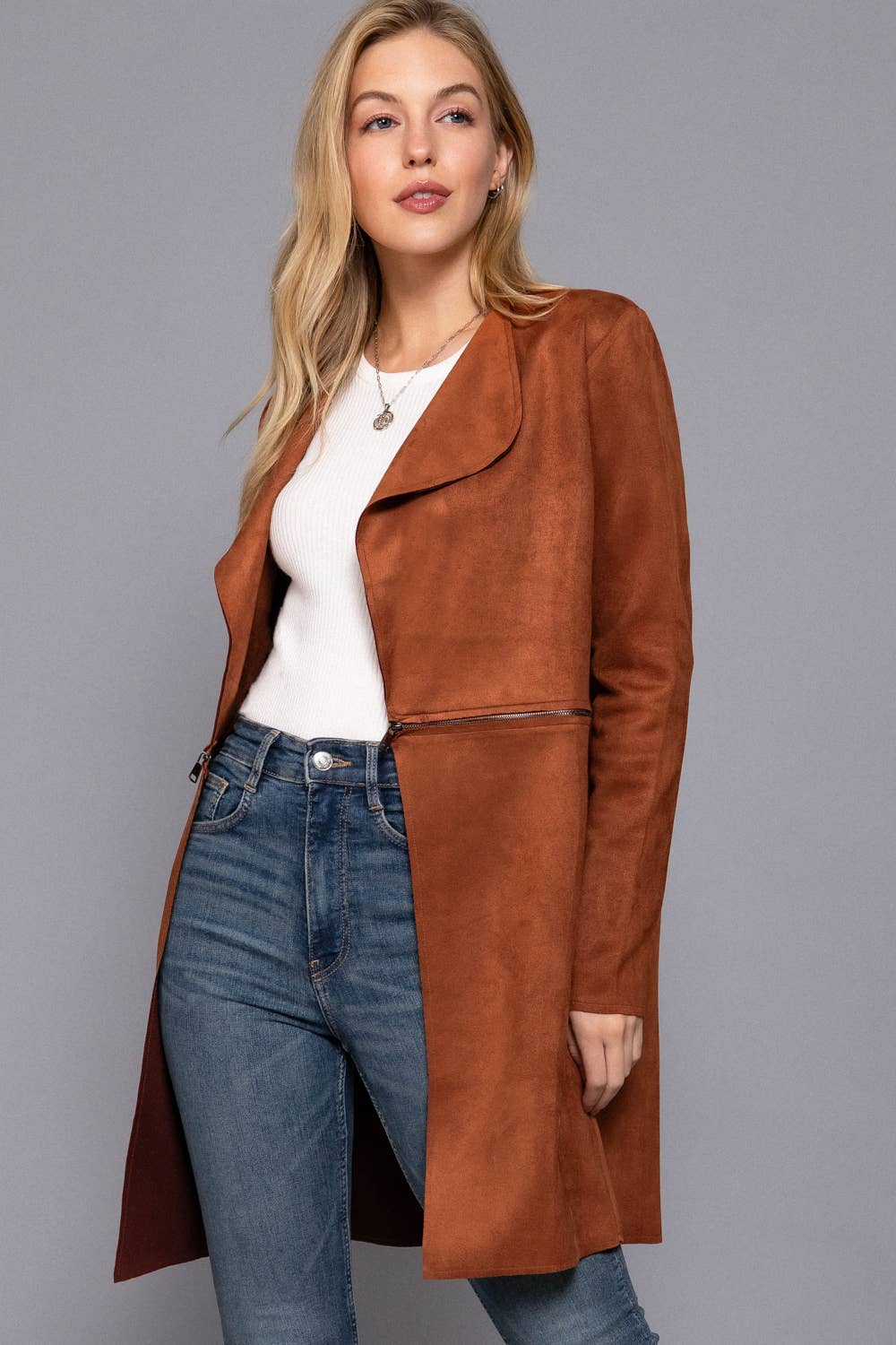 Two Zipper Front Detail Faux Suede Jacket