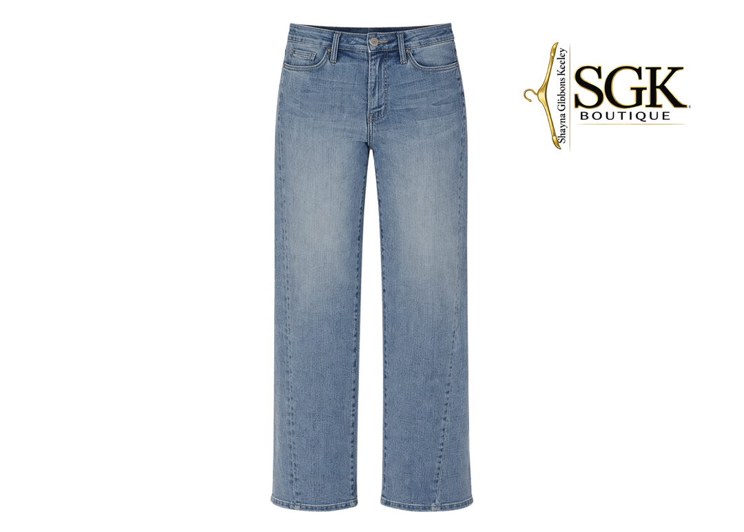 Light blue jeans on a white background with SGK Boutique logo.