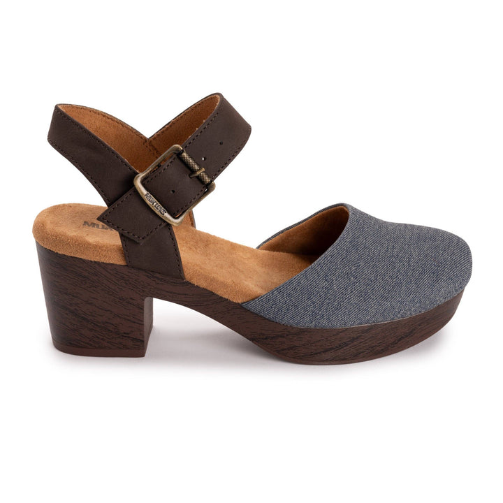 Brown and gray denim shoe with wooden sole on a white background