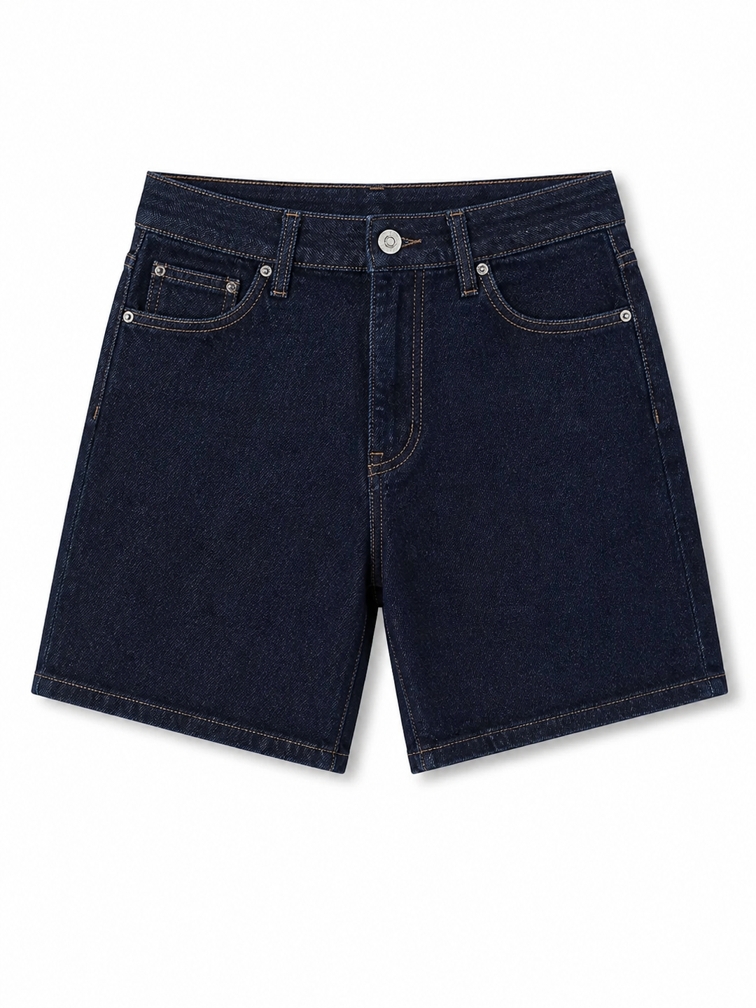 Dark blue denim shorts on a white background