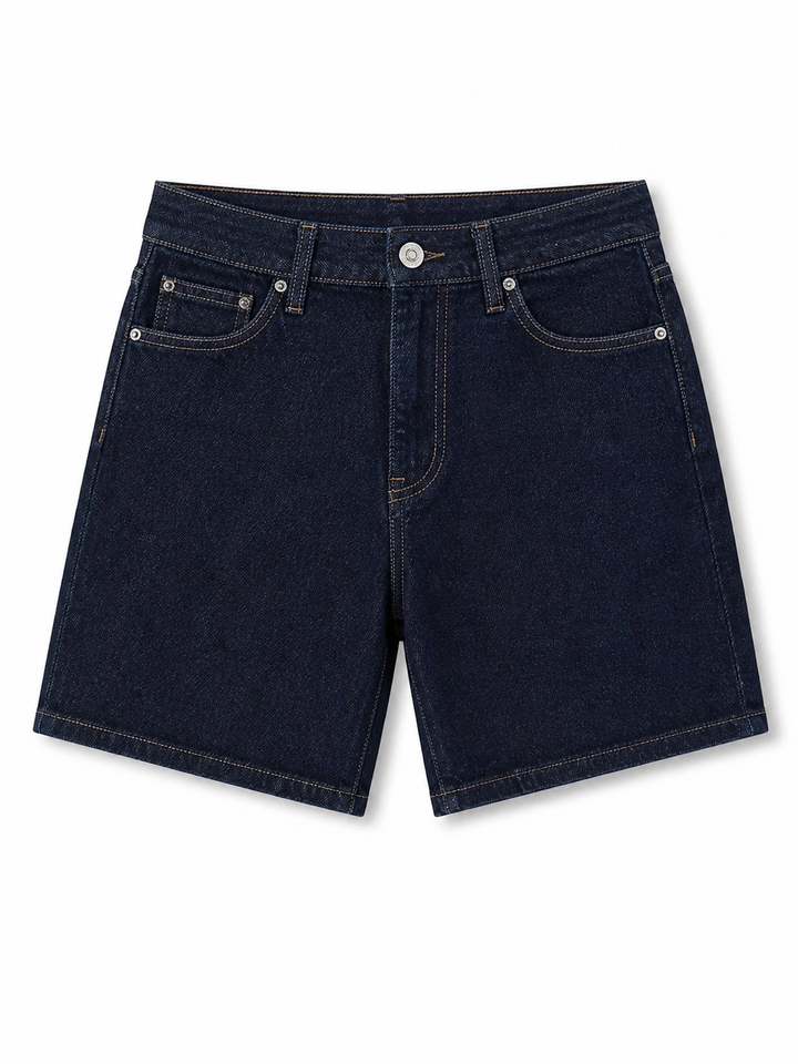 Dark blue denim shorts on a white background
