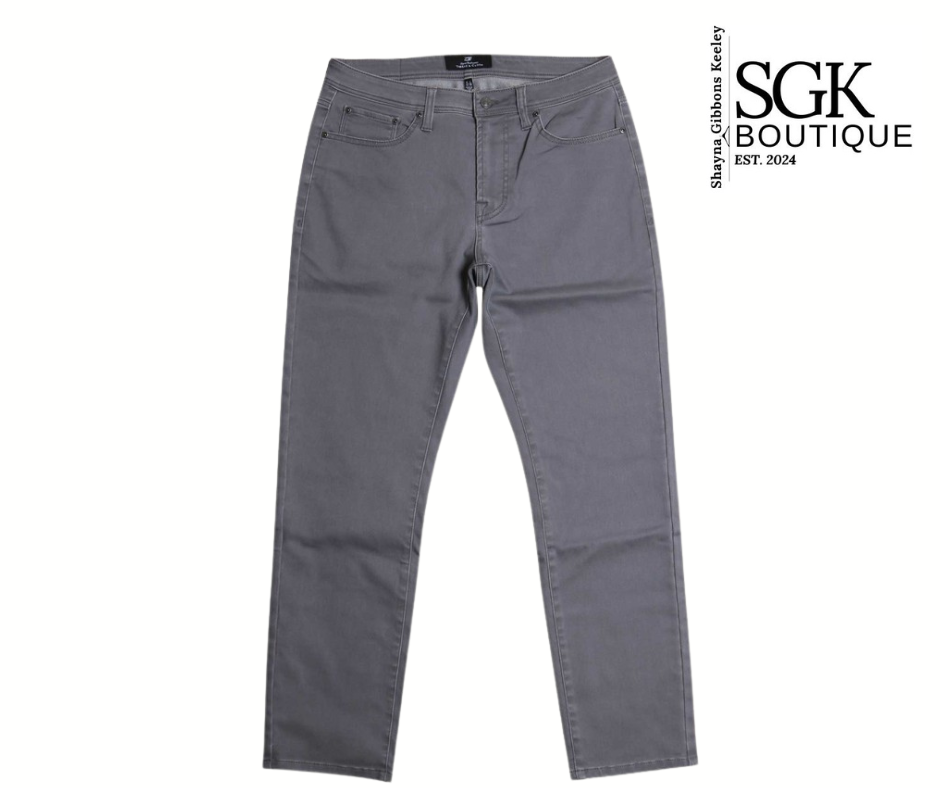Gray pants on a white background with SGK Boutique logo.
