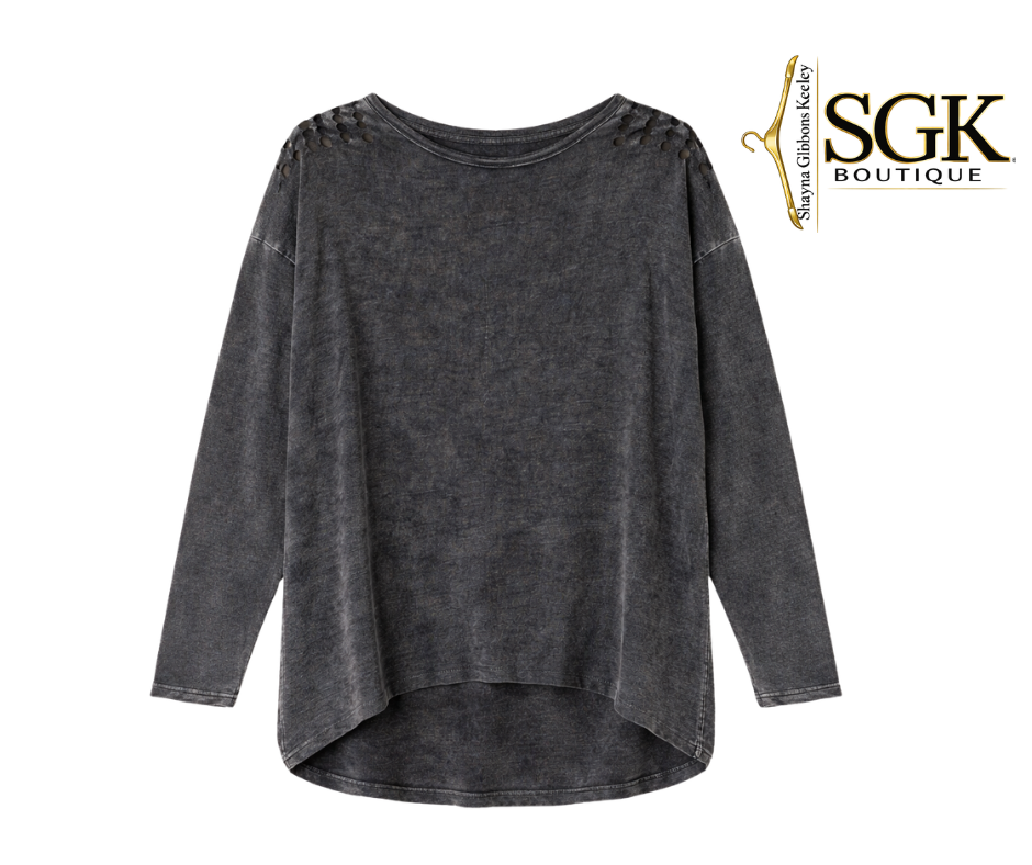 Gray long-sleeve top with decorative shoulders on a white background, featuring the SGK Boutique logo.