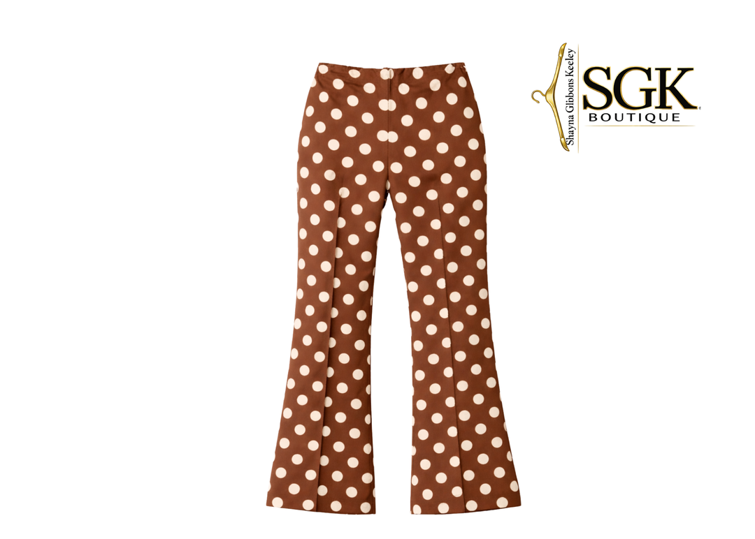Brown kick-flare crop pants with white polka dots on a white background, featuring the SGK Boutique logo.