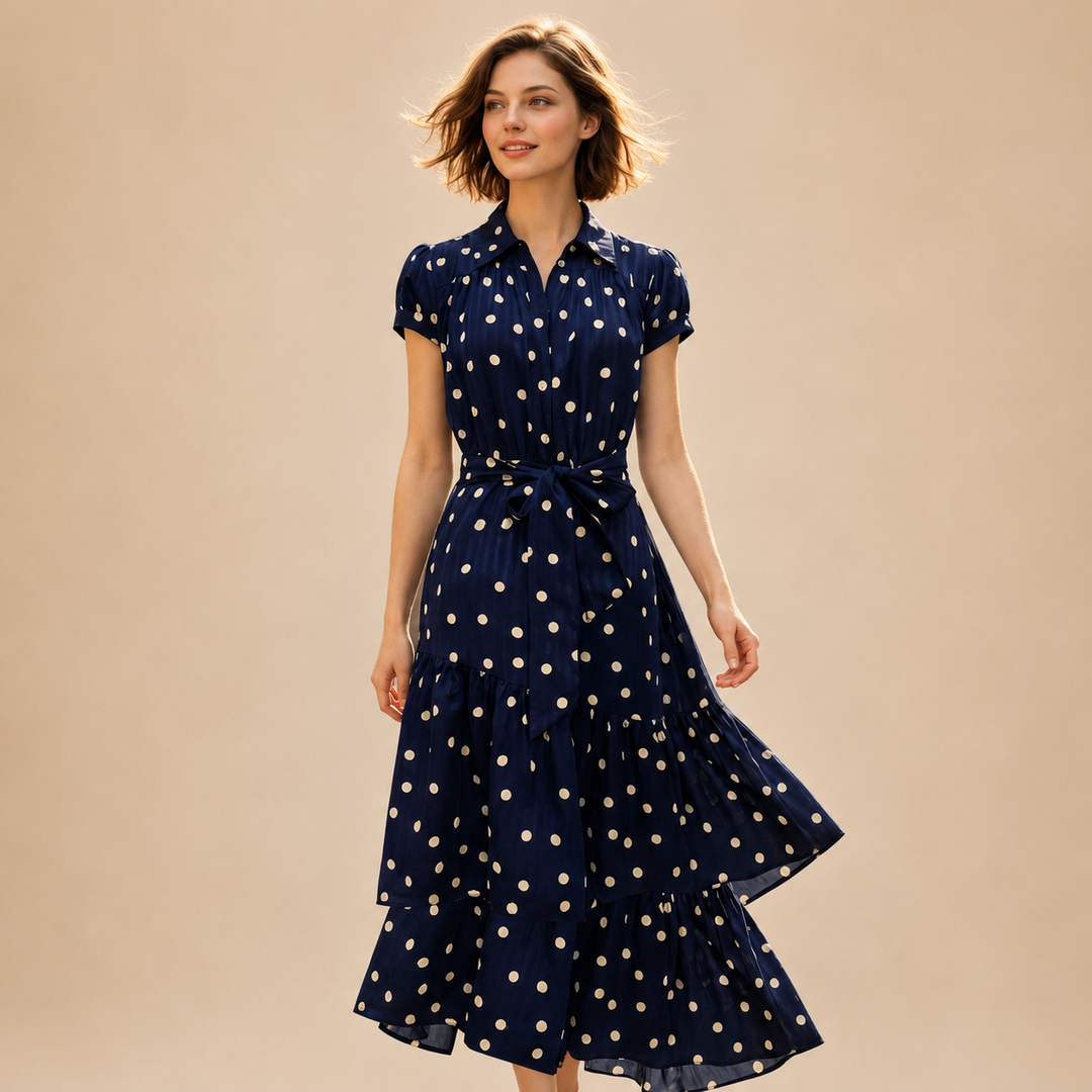 Woman wearing a navy dress with white polka dots on a beige background