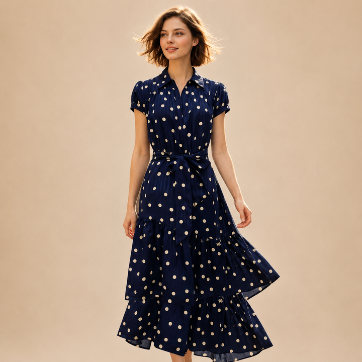 Woman wearing a navy dress with white polka dots on a beige background