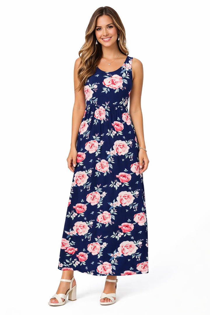 Woman wearing a navy floral dress on a white background