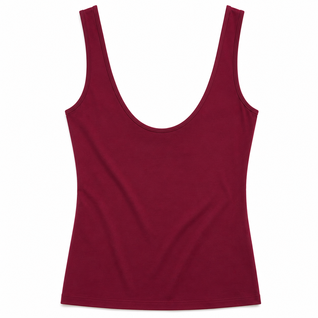 A sleeveless scoop-neck tank top in a deep burgundy red, shown flat against a solid white background.