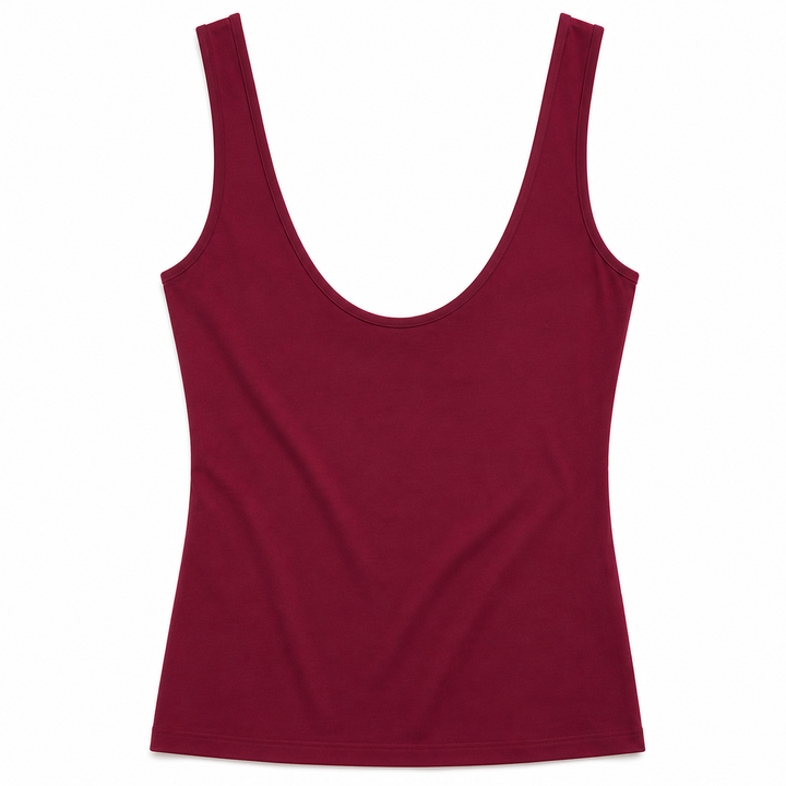 A sleeveless scoop-neck tank top in a deep burgundy red, shown flat against a solid white background.
