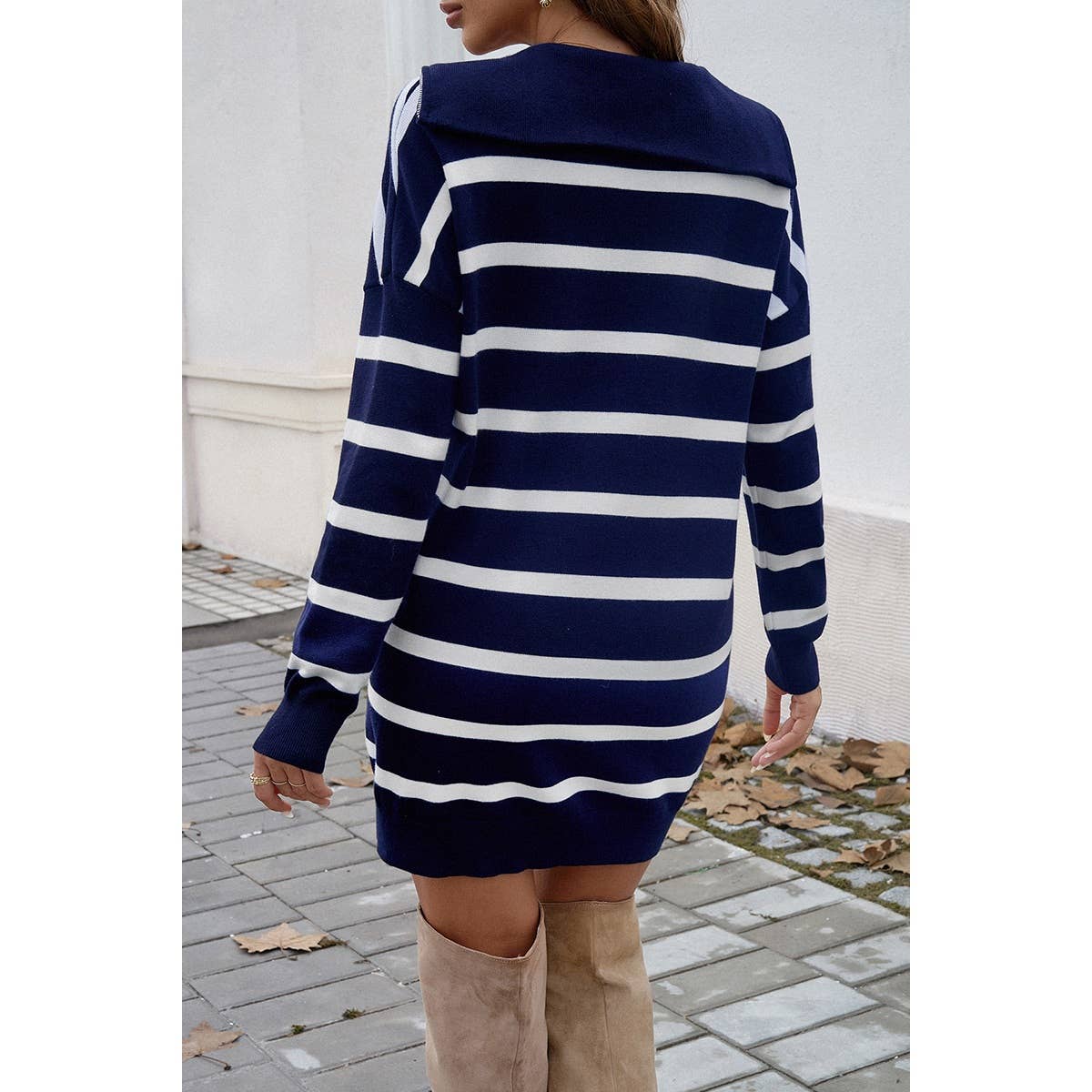 Knit Strip Half Zipper Loose Fit Hoodie Dress