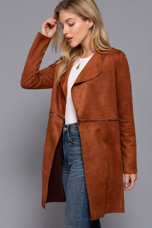 Two Zipper Front Detail Faux Suede Jacket