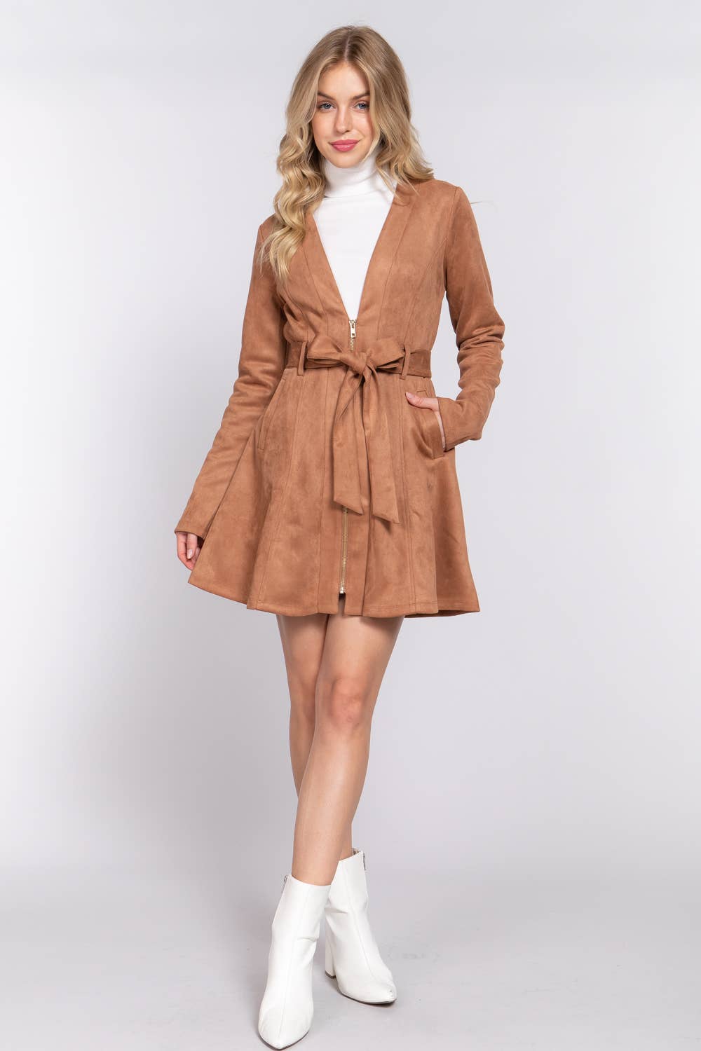 V-Neck Zip-Up Belted Faux Suede Dress Jacket