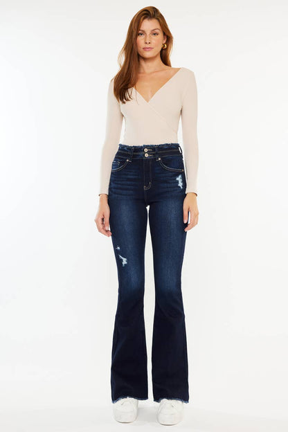 High Rise Fray Hem Flare Jeans