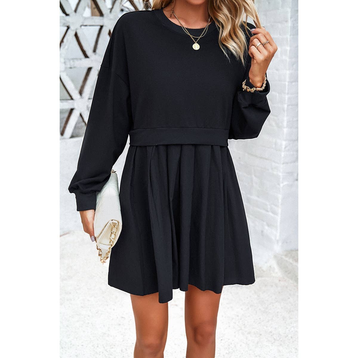 Solid Drop Shoulder Ruched Fit Patchwork Dress: