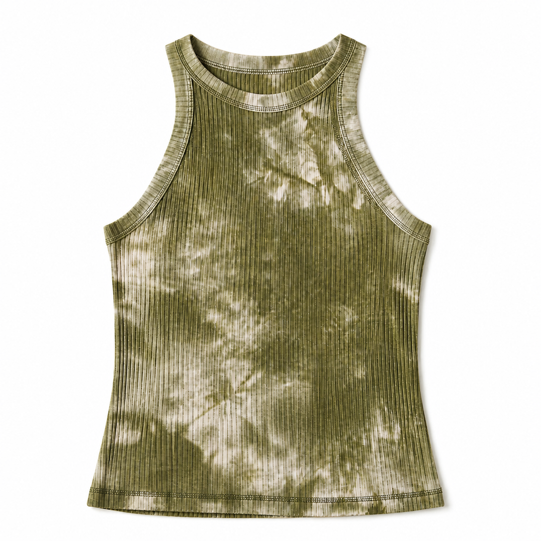 Tie-dye tank top with green and white pattern on a white background