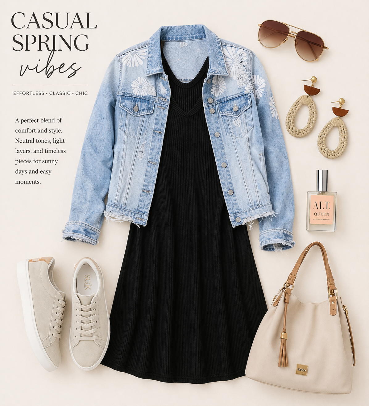 Casual spring outfit with black dress, denim jacket, sneakers, handbag, and accessories on a white background.