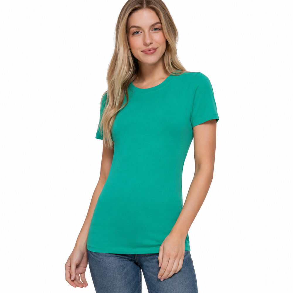 Woman wearing a teal t-shirt on a white background