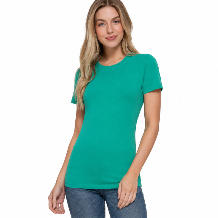 Woman wearing a teal t-shirt on a white background
