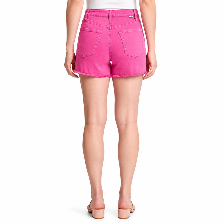 Person wearing bright pink shorts on a white background