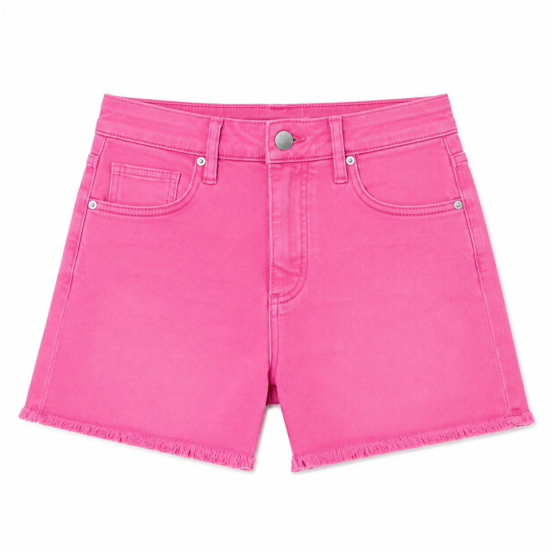 Pink denim shorts on a white background