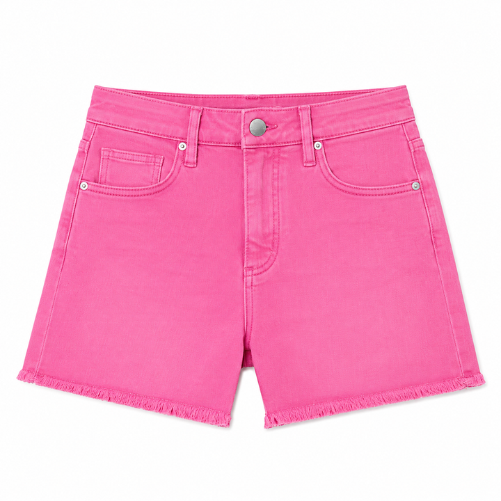 Pink denim shorts on a white background
