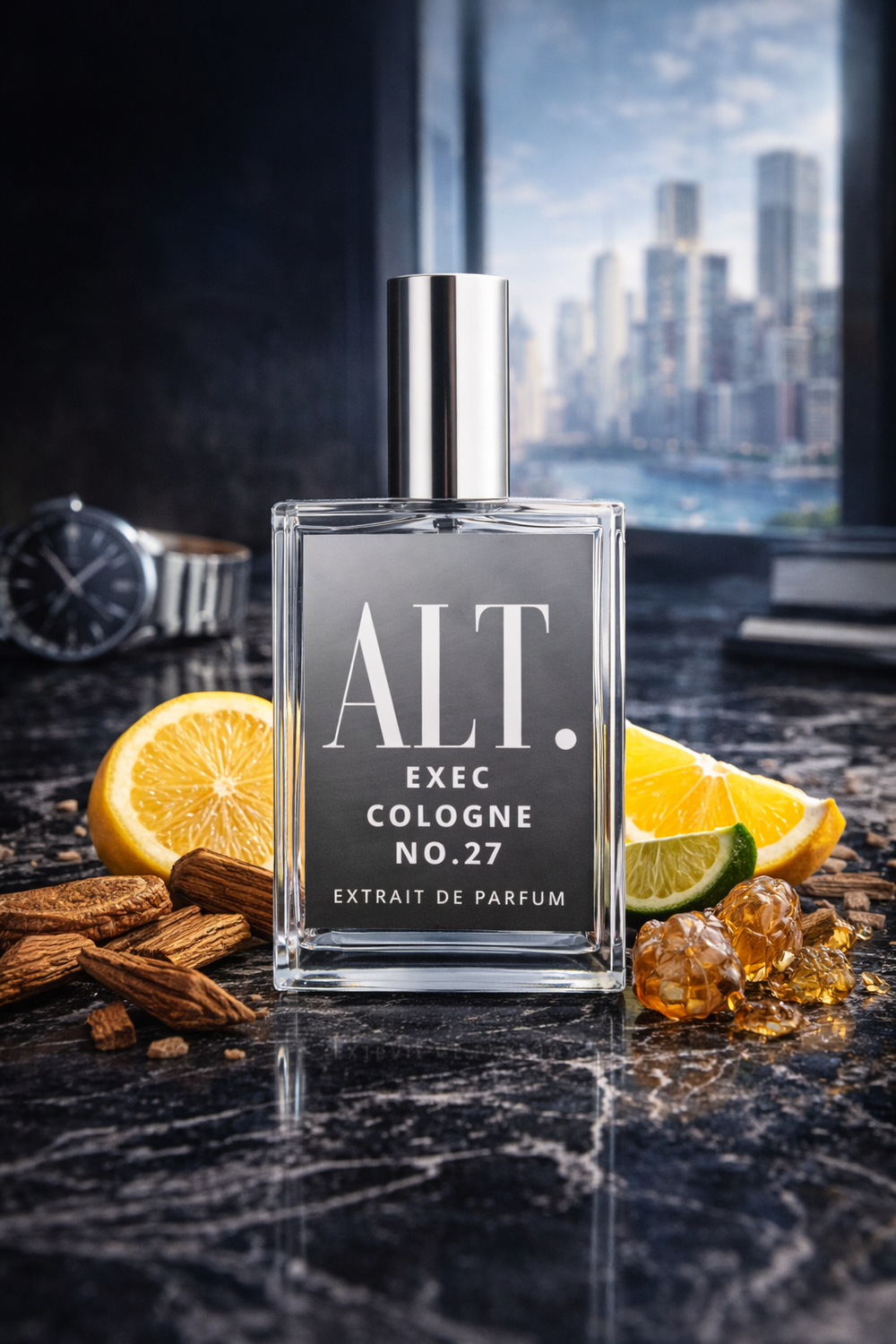 Perfume bottle labeled 'ALT. Exec Cologne No.27' on a dark surface with citrus fruits and a cityscape in the background.