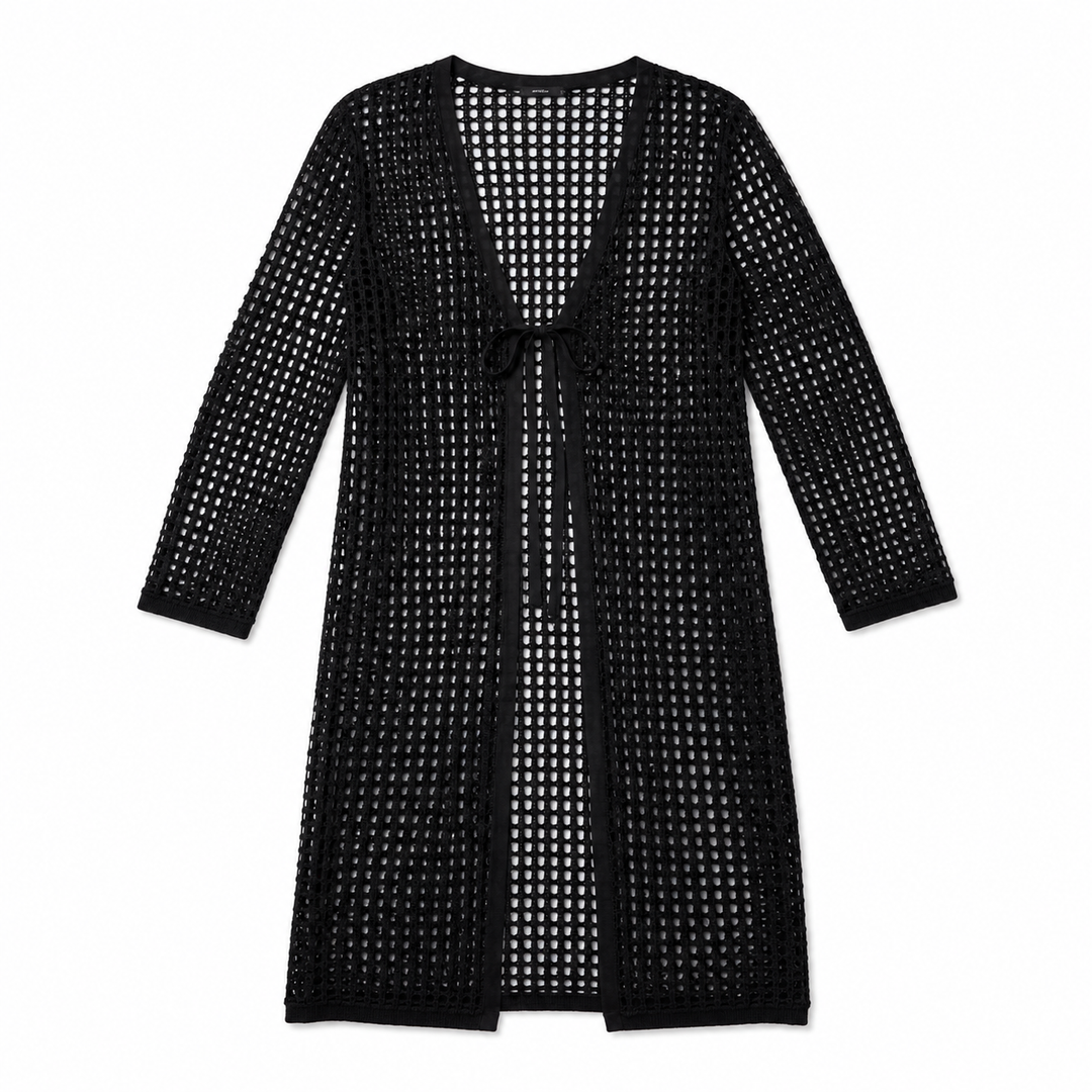 A black open-knit cardigan with three-quarter sleeves, a V-neckline, and a front tie detail, displayed flat against a solid white background.