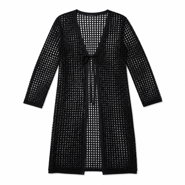 A black open-knit cardigan with three-quarter sleeves, a V-neckline, and a front tie detail, displayed flat against a solid white background.