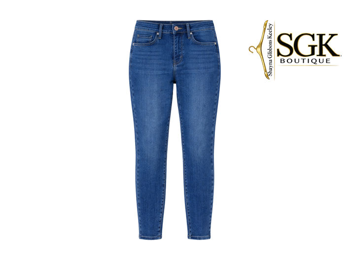 Blue jeans on a white background with SGK Boutique logo.