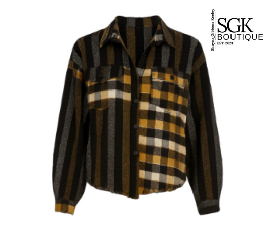 Plaid shirt with brown, black, and yellow pattern on a white background, featuring SGK Boutique logo.