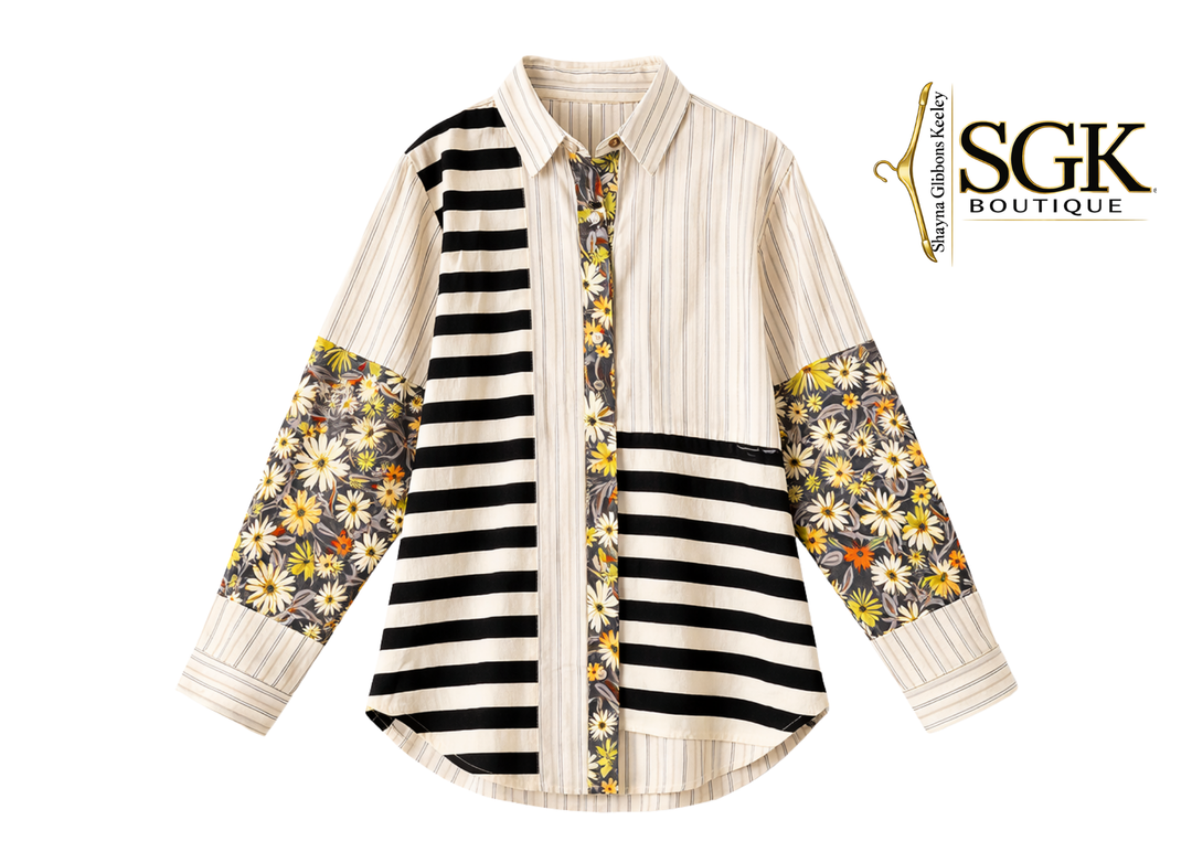 Shirt with floral sleeves and black stripes on a white background, featuring SGK Boutique logo.