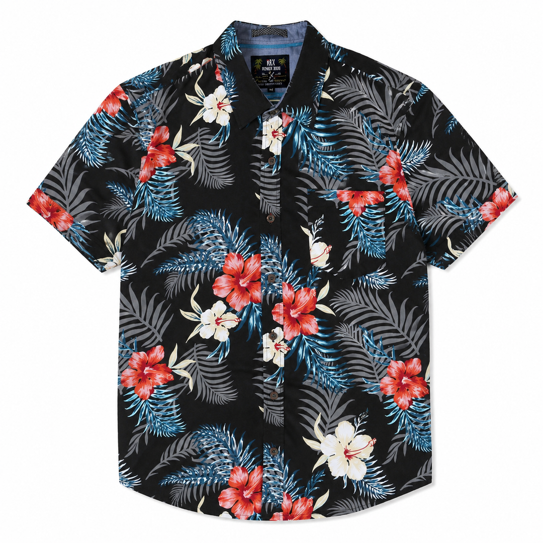 A short-sleeve button-up camp shirt with a black background and a tropical floral print featuring red hibiscus, white flowers, and blue and gray palm leaves.