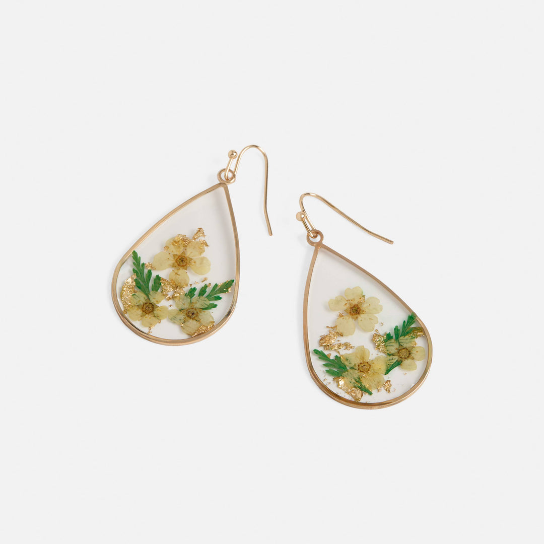 Teardrop-shaped earrings with floral design on a white background