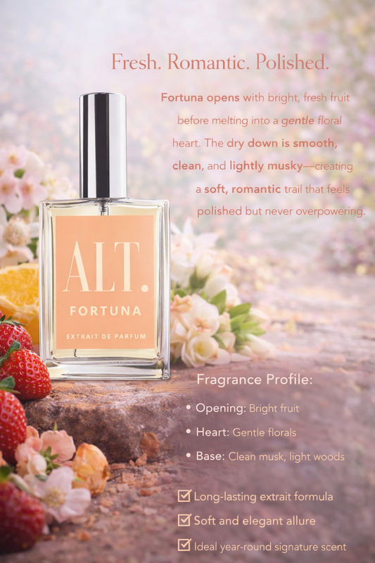 Perfume bottle labeled 'ALT. Fortuna' with floral and fruit elements on a soft background
