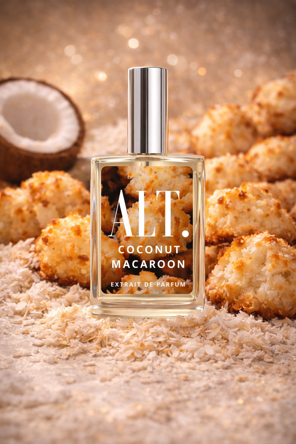 Perfume bottle labeled 'ALT. Coconut Macaroon' surrounded by coconut macaroons on a textured background
