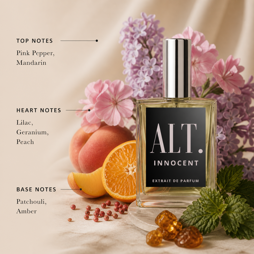 Perfume bottle labeled 'ALT. Innocent' with floral and fruit elements on a neutral background