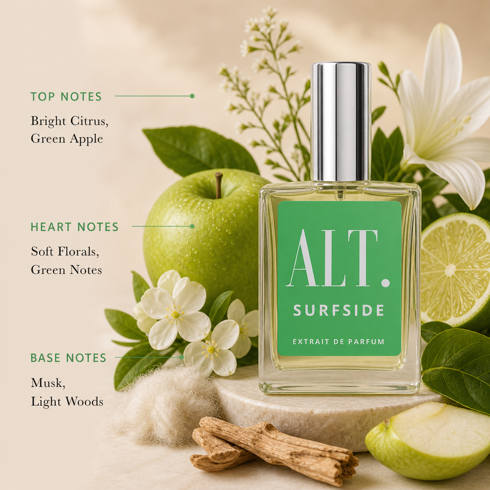 Perfume bottle labeled 'ALT. Surfside' with green apple, flowers, and lime on a beige background