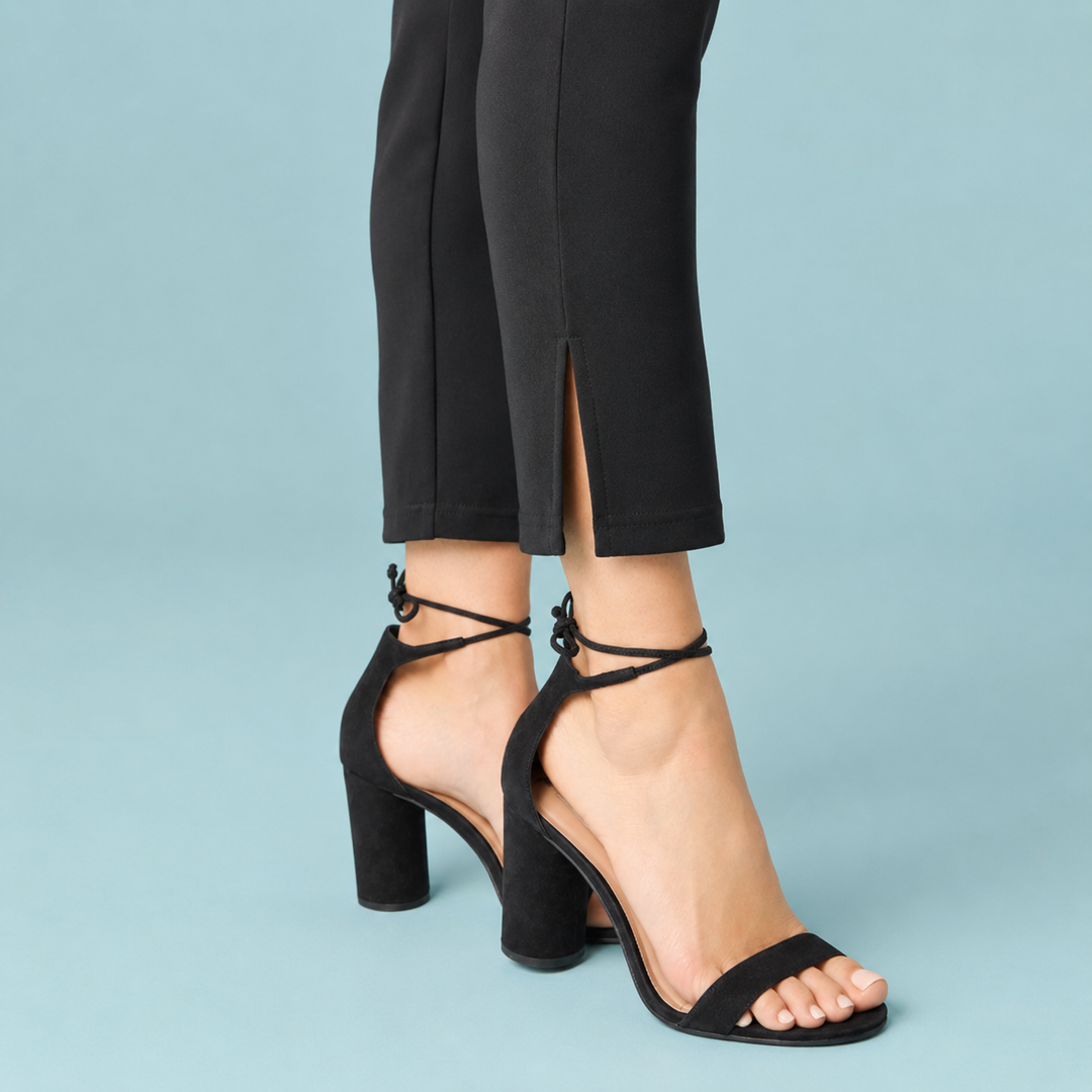 Black high-heeled sandals worn with black pants on a light blue background