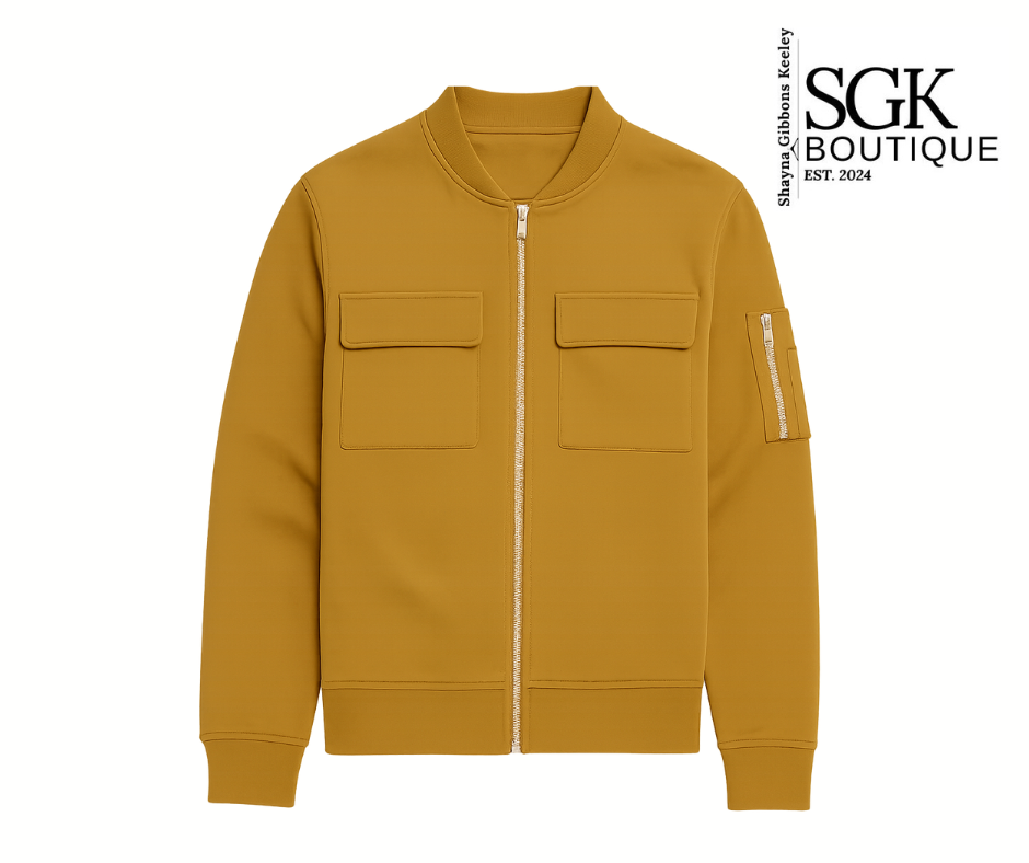 Ginger jacket with two front pockets and a visible brand logo on a white background