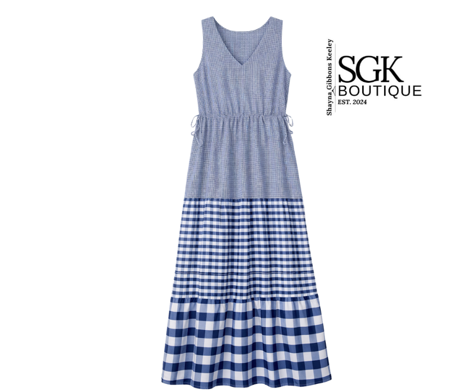 Blue and white checkered dress on a white background with SGK Boutique branding.