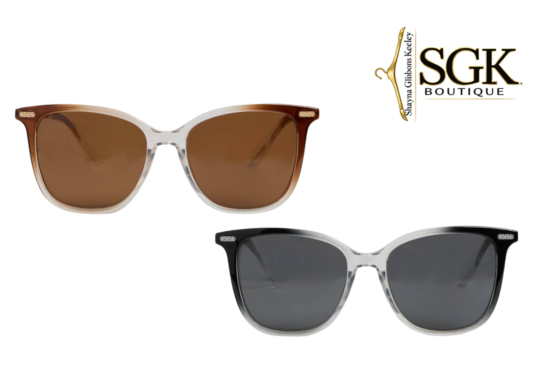 Two pairs of sunglasses with brown and gray lenses on a white background, featuring the SGK Boutique logo.