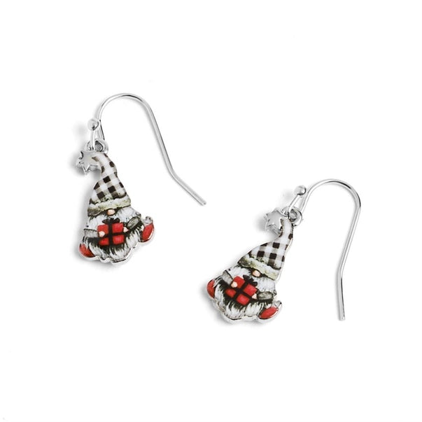 Gnome-shaped earrings with checkered hats and red outfits on a white background