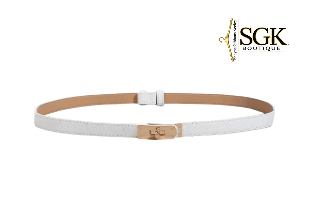 White belt with gold buckle on a white background, featuring the SGK Boutique logo.