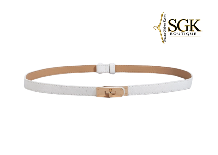 White belt with gold buckle on a white background, featuring the SGK Boutique logo.