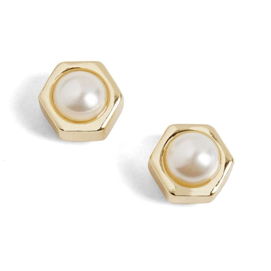 Hexagon Pearl Stud Earrings