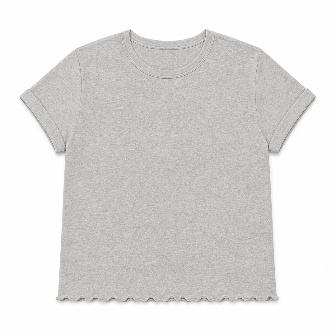 Gray t-shirt with scalloped hem on a white background