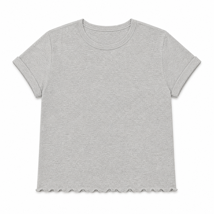Gray t-shirt with scalloped hem on a white background